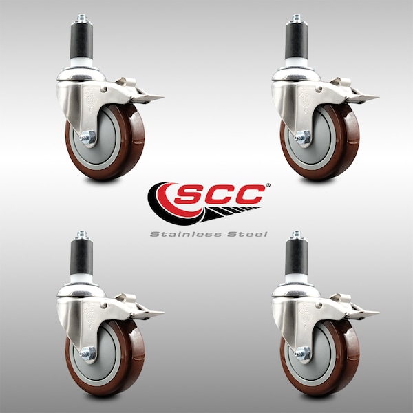 Service Caster 4 Inch 316SS Maroon Poly Swivel 1-3/8 Inch Expanding Stem Caster Set Lock Brake SCC-SS316TTLEX20S414-PPUB-MRN-138-4 - main